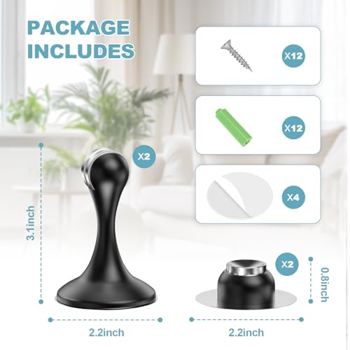 Profasion 2 Pack Magnetic Door Stop, Stainless Steel Door Holder with 3D Adhesive Tape, Wall & Floor Mount, Black