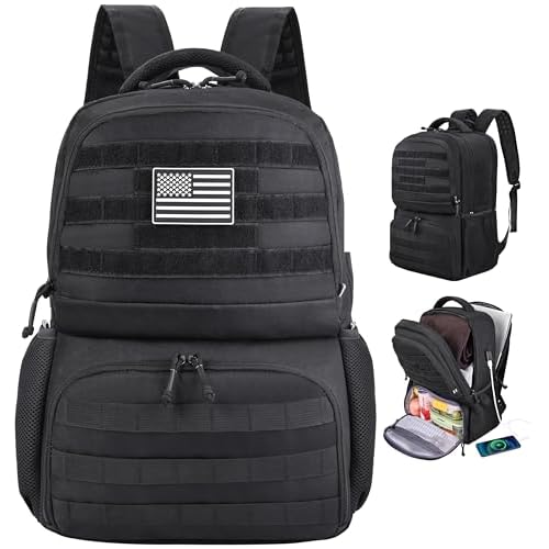 MOZETO Laptop Lunch Backpack for Men, Tactical Inspired Utility Anti-Theft Work Bag with Cooler Compartment Lunchbox (Black, 17 Inch)