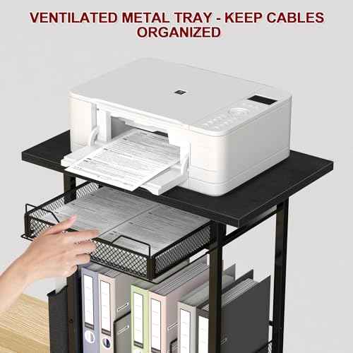 Mobile 3-Tier Printer Stand with 2-Drawer File Cabinet, 24 Extended Desktop & Lockable Wheels, Adjustable Rolling Cart for Home Office Storage (Black)