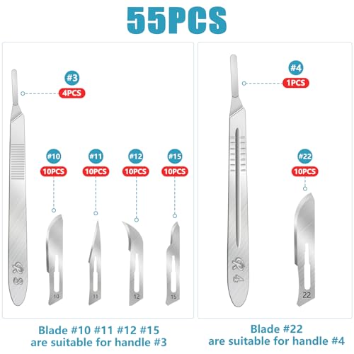 55PCS Surgical Blades Kit with Handles - Sterile Precision Blades for Medical & Craft Use (Model #10-22, Handles #3 & #4)