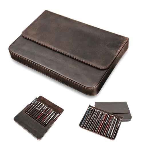 12Slots Fountain Pen Collector Organizer - Handmade Pen Case Vintage Crazy Horse Print Leather Pen Protective Sleeve Cover Pen Storage Gift Box(Coffee)