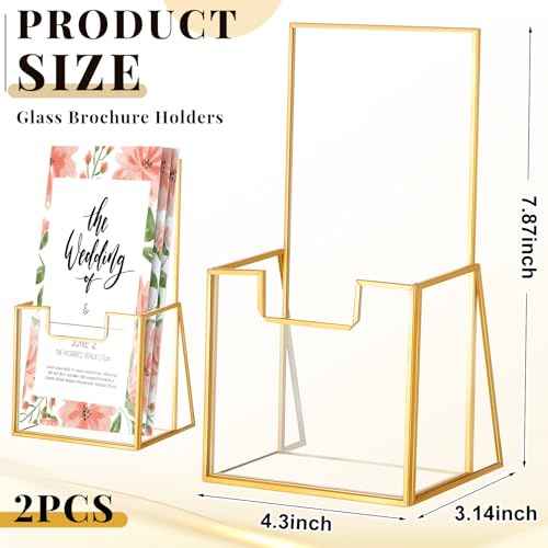 2 Pcs Gold Glass Brochure Holder Stand 4 Inch Countertop Clear Literature Trifold Pamphlet Holder Flyer Brochure Display Stand for Magazine, Booklets, Menu, Journals