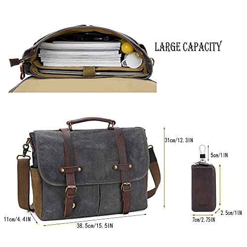 Messenger Bag for Men, Waterproof Genuine Leather Waxed Canvas Briefcase 15.6 Inch Laptop Larger Shoulder Bag with Key Bag