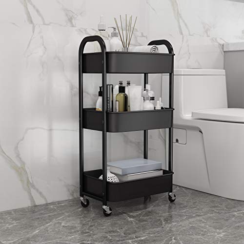 MAX Houser Black 3-Tier Rolling Utility Cart with Lockable Casters – Easy Assembly