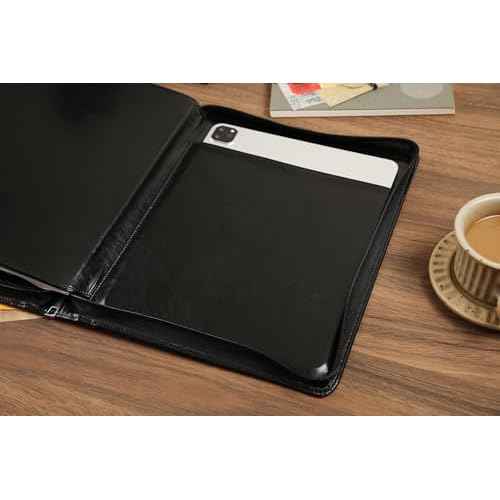 Vegan Leather Portfolio, Zippered Portfolio Binder Personalized Business Padfolio with Tablet Holder for A4 Letter Size Notepad & 13 Inch Laptop/Tablet - Black