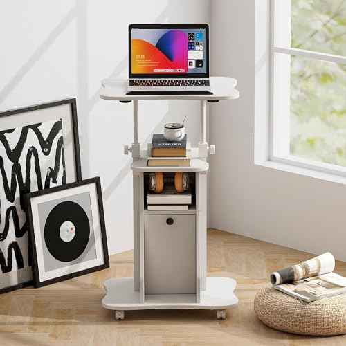 Mobile Laptop Podium, Portable Height Adjustable Podium Stand, Rolling Lectern Desk with Storage, 180° Tilting Top, Lockable Universal Casters, Sit-to-Stand Computer Desk for Home, Office