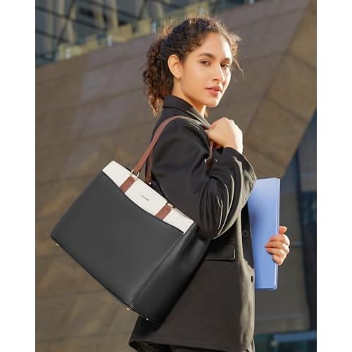 LOVEVOOK Laptop Tote Bag for Women, Work Bags Teacher Tote Bag, Waterproof Leather Computer Bag, Business Laptop Purse Office Handbag Professional Briefcase, Black-Beige-Brown, 15.6 Inch