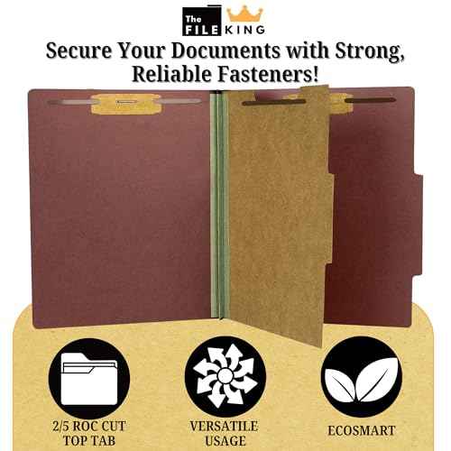 The File King One Divider Brick Red Pressboard Classification File Folder - Letter Size | Box of 10 | Top Tab | 2¡± Expansion | Four 2-Inch Durable Fastener Prongs | USA Made