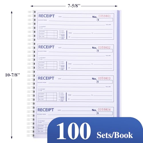 WSICSE 6-Pack 3-Part Carbonless Receipt Books, Spiral Bound, 100 Sets/Book