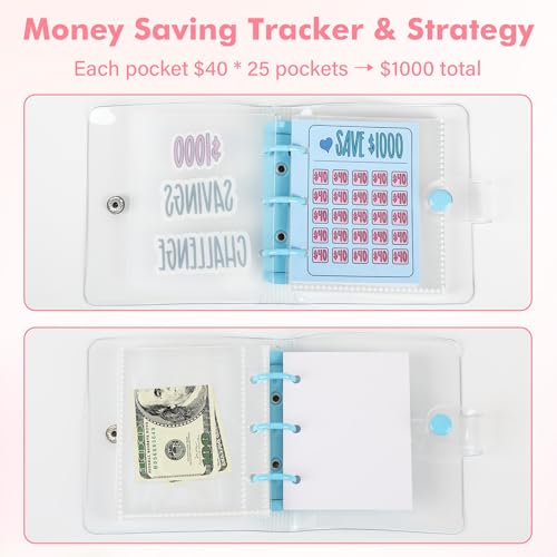 Blue Mini Money Saving Binder with 25 Envelopes - $1000 Capacity, Reusable