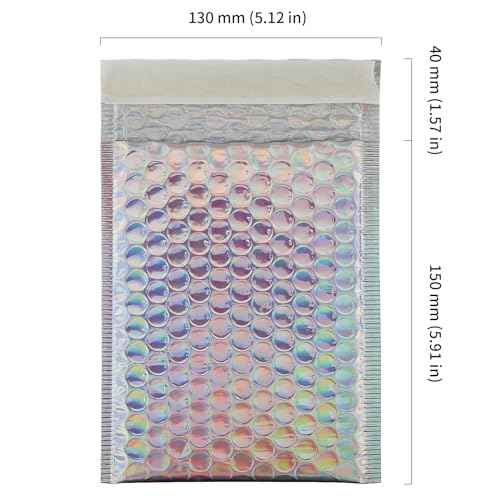 HOIGON 100 PCS 5 x 6 Inch Silver Metallic Bubble Mailers, Foil Glitter Poly Padded Mailing Cushion Envelopes, Holographic Self Seal Adhesive Shipping Bags for Mailing, Packing