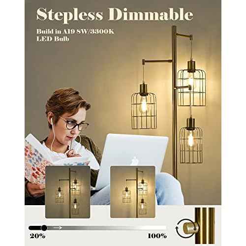 ELYONA Modern Dimmable Floor Lamp for Living Room, Gold Tree Standing Light with 3 Metal Cage Shades, Industrial 71¡± Tall Pole Floor Lamps for Bedroom Reading, Office, LED Edison Bulbs Included