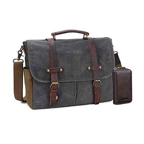 Messenger Bag for Men, Waterproof Genuine Leather Waxed Canvas Briefcase 15.6 Inch Laptop Larger Shoulder Bag with Key Bag