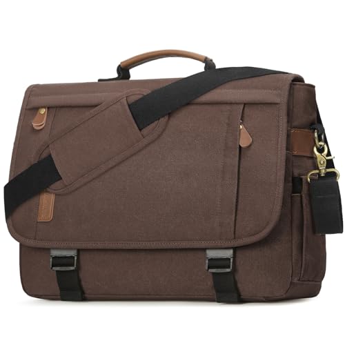 RAINSMORE Messenger Bag for Men 17-17.3 Inch Laptop Bag Water-resistant Canvas Computer Shoulder Bag Office Work Briefcase Large Casual Satchel Bags for Men Bookbag for College, Coffee