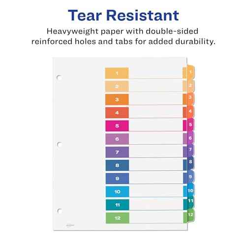 Avery 12 Tab Dividers for 3 Ring Binders, Customizable Table of Contents, Multicolor Tabs, 6 Sets (11196)