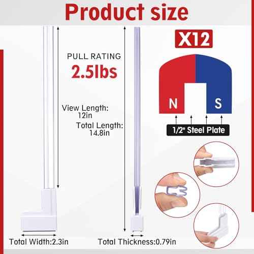 Fulmoon 12 Sets Magnetic Sign Holder System White Magnetic Sign Holder with 12 Inch Clear PVC Card Strip Ceramic Magnet Gondola Clip for Gondola Shelving Retail Displays