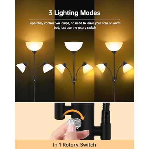 Floor Lamp, Torchiere Floor Lamps for Living Room, 71 Inch Tall Standing Lamp, Bedroom Lamps with Gooseneck Light, Rotary Switch, 3 Plastic Lampshade, Torch Floor lamps for Bedroom (Black, No Bulb)