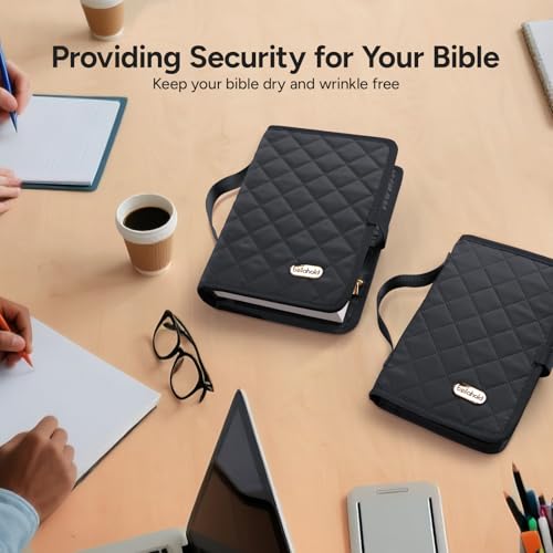 Adjustable Bible Cover with 75 Bible Tabs - Bible Cover Case for Women£¬Waterproof, Washable Quilted Bible Case£¬Reusable Christian Gifts for Women (Black, L)