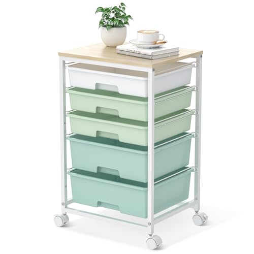 SYKIARIOL Light Green 5-Drawer Rolling Storage Cart with Wooden Top