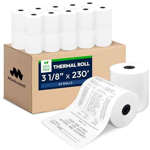 3 1/8" x 230' Thermal Paper (20 Rolls), BPA Free Receipt Paper, Fits Most Credit Card Machines POS & Cash Registers, High Compatibility, Bright White, Honeycomb Core, Durable Printing