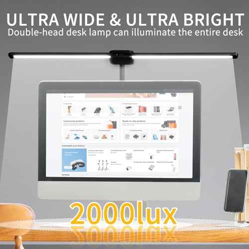 LED Desk Lamp with Two Heads, Clamp On Desk Lamps, 12W, 2000 LMS, CRI>90, 5 Color Modes (2700K-6500K), Various Brightness Levels, Adapter Included
