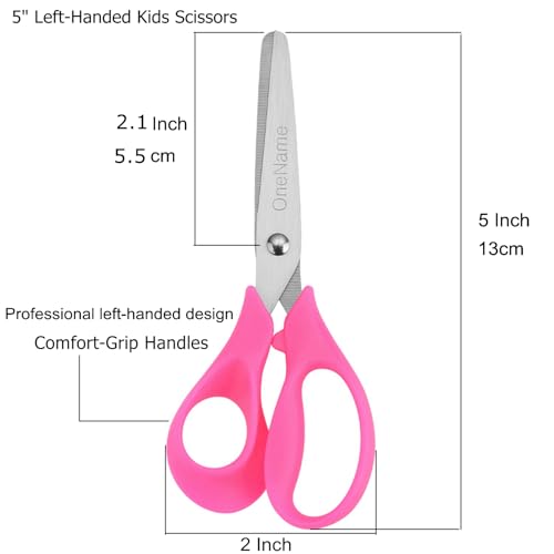 OneName Left-Handed Kids Scissors 5-inch, 6 Pack in Blue, Pink, Green – Ergonomic Safety Kids Scissors for School & Crafts