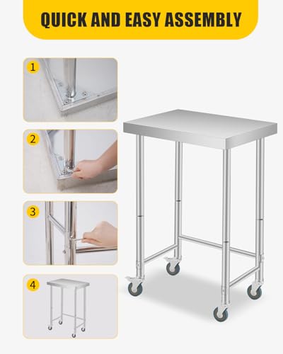 Garvee 18x36 in Stainless Steel Mobile Work Table with Casters — Heavy-Duty Kitchen/Workshop Prep