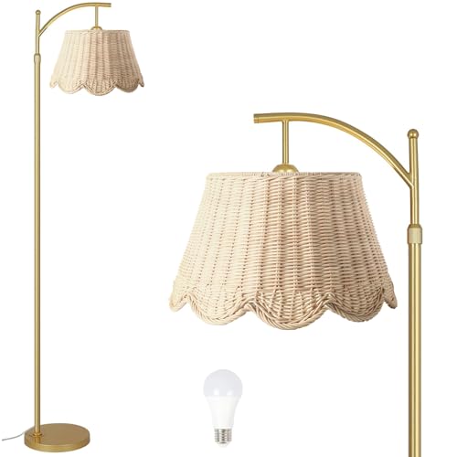 Arc Floor Lamp for Living Room£¬Rattan Boho Floor Lamp with Hand-Woven Wicker Shade, Foot Switch, Gold/Silvery Metal Base & Pole,Standing Lamp for Bedroom (Gold)