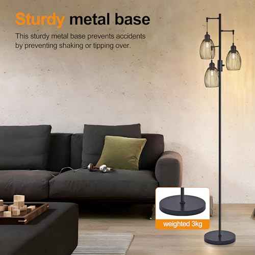 Dimmable Industrial Floor Lamps Black for Living Room with Heavy Base and 3 x 6w LED Bulbs Lamp, 68" Farmhouse Industrial Floor Lamp for Bedroom, Office, Home Decor