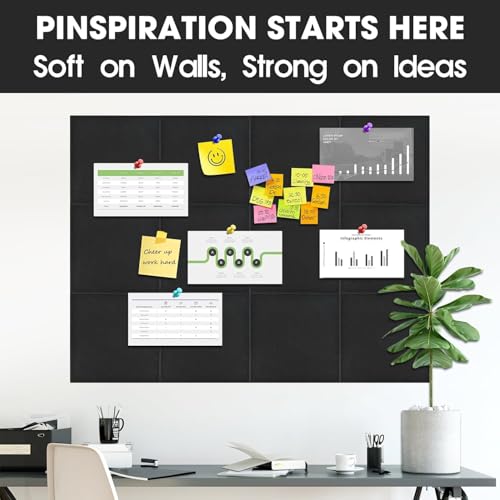 Large Cork Board Felt Wall Tiles, 47"x35" 12 Pack Felt Bulletin Board Pin Board with 48 Safe Removable Adhesive Tabs, 60 Push Pins, Alternative Cork Board for Walls Home Office