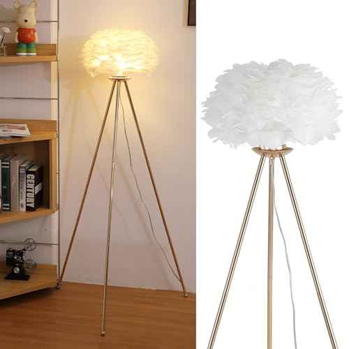 Modern Gold Feather Floor Lamp,Tripod Floor Lamp with White Feather Shade,Elegant Standing Tall Lamp for Bedroom Living Room Home Decor
