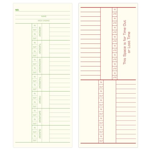 Weekly Time Cards 2-Sided,Named Days,3-3/8" x 8-1/4",Green/Red Print, 500-Count,Time Cards for Employees,Clock in Timecards