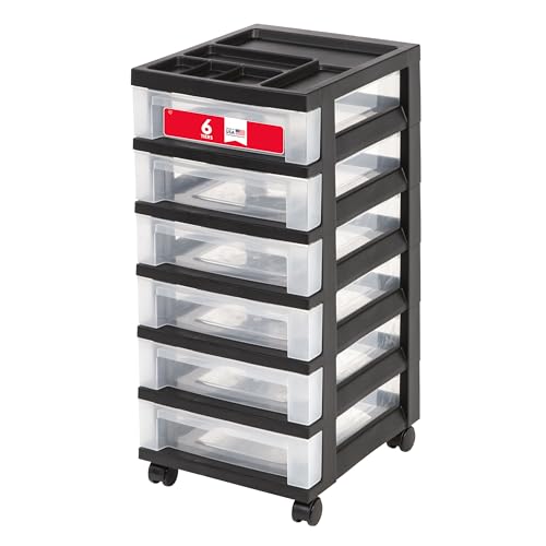 IRIS USA 6-Drawer Rolling Storage Cart - Black/Clear, Removable Wheels
