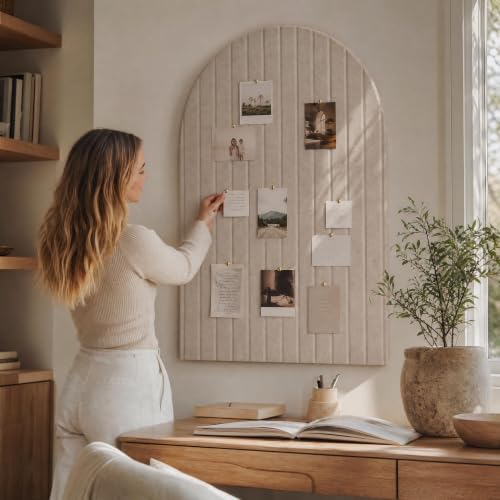 Beige Large Arched Felt Bulletin Board with 6 Customizable Adhesive Tiles & Pins