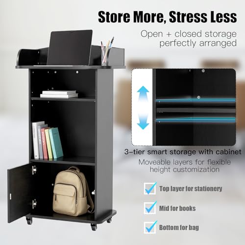 Baoz Podium Stand Portable with Wheels - Black Lectern with 3-Tier Storage, Lockable Cabinet