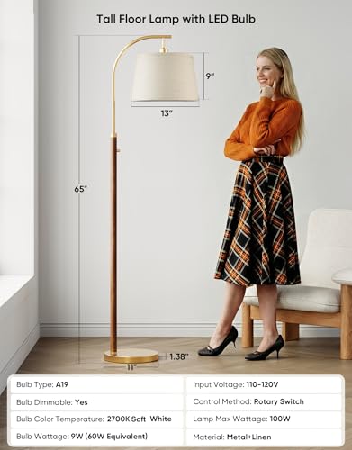 PARTPHONER Gold and Walnut Dimmable 65-Inch Mid-Century Modern Arc Floor Lamp with Linen Shade