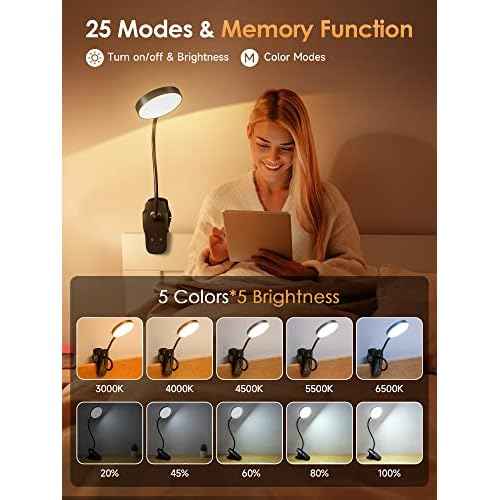 Mubarek Clip on Lamp,5 Brightness+5 Color Clip on Light,200LM 36 LED Reading Lights for Books in Bed,1800mAh Battery Powered Lamp Battery Operated Lights,Rechargeable Desk Lamp with Clamp Light