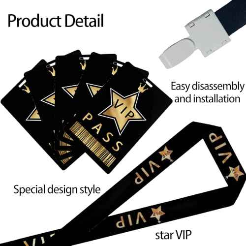 50 Sets VIP Badge Lanyards with VIP Pass Cards VIP Lanyards with Star, Black Breakaway Lanyard PVC VIP Cards for Backstage Concert Event Birthday Party Organizer (Black, Gold)