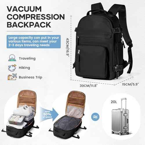 Vacuum Backpack Travel With Pump for Women Men Personal item Travel Bag Carry on Backpack Flight Approved Work College Casual Daypack Backpacks with Vacuum Compression Black