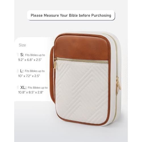 Quilted Vegan Leather Bible Cover, Color-Blocked Bible Cover Case for Women, Large Bible Carrying Case with Handle, Bible Study Supplies & Christian Gift for Women (White & Brown, M/L)