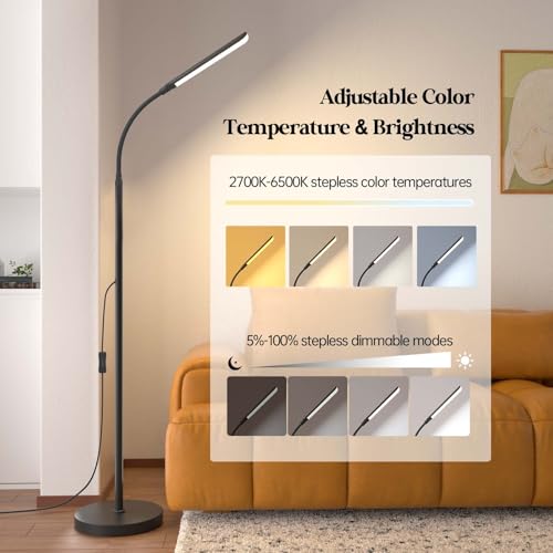 LED Floor Lamp, 18W Super Bright Floor Lamp for Living Room, Adjustable Stepless Colors & Brightness Gooseneck Standing Lamp, Eye Caring Reading Light with Remote