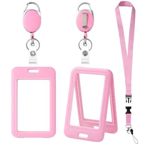 ID Badge Holders and Retractable Reel Clips,Lanyard with Release Buckle, Key Card Holder Nametag Protector for Nurse Women Girl Kid Office Teacher Doctor Student (Pink Vertical,Double-Sided Clear)