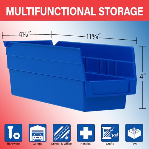 Akro-Mils Heavy Duty Plastic Shelf Bins 12x4x4 Blue 24-Pack - Durable Storage