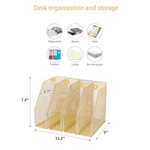 AUPSEN File Organizer for Desk, 4-Pack Magazine Binder Holder Desk File Organizer, Mesh File Folder Organizer for Home Office Organization (Gold)