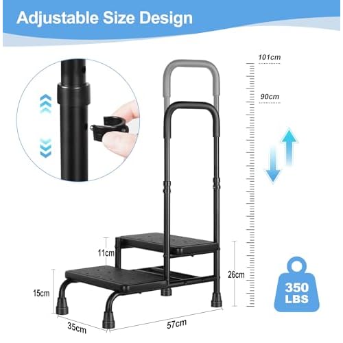 Step Stool for Seniors, 2 Stepping Stool for Bed Heavy Duty with Handle for Adults, Medical-Grade Footstool Supporting Up to 350 lbs, Black