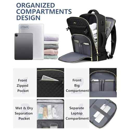 Carry On Women Travel Backpack: TSA Flight Approved Personal Item Backpacks Large 40L Waterproof Luggage Suitcase Backpack Fit 17 Inch Laptop Weekender Overnight Traveling Bag with USB Charge Black