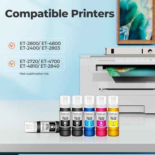 522 Ink Refill Bottles ET-4800 ET-2800 ET-2803 ET-2400 Replacement for 522 Ink Refill Bottles 6 Pack Fit for 522 Ink for ET 2800 ET-2720 ET-2840 ET4800 ET2400 ET-4700 ET-4810 ET2800 2803 2800 Printer