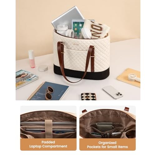 LOVEVOOK Laptop Bag for Women, Work Tote Computer Bag With Large Cup Holder, Lightweight Large Laptop Briefcase, Beige-Brown-Black, 17.3 Inch