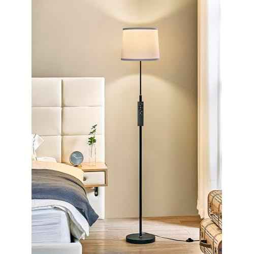 60" Modern Floor Lamp for Living Room Bedroom, Standing Lamp with White Linen Lampshade, Remote and Foot Switch, Tall Lamp with A19 9W 3000K-6000K Color Temperature 10%-100% Brightness Dimmable Bulb