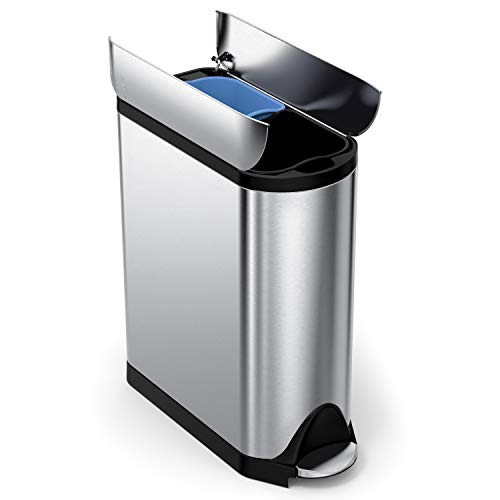 simplehuman 40L Dual Compartment Butterfly Lid Kitchen Recycling Trash Can, Brushed Stainless Steel
